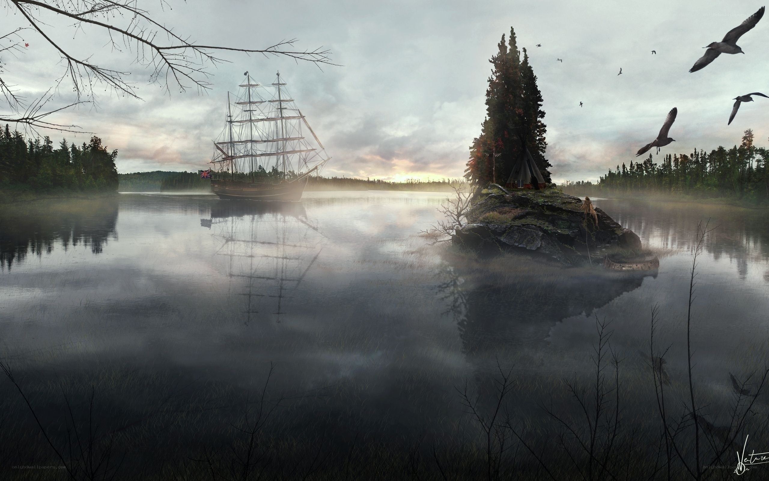 Misty lake with sailing ship