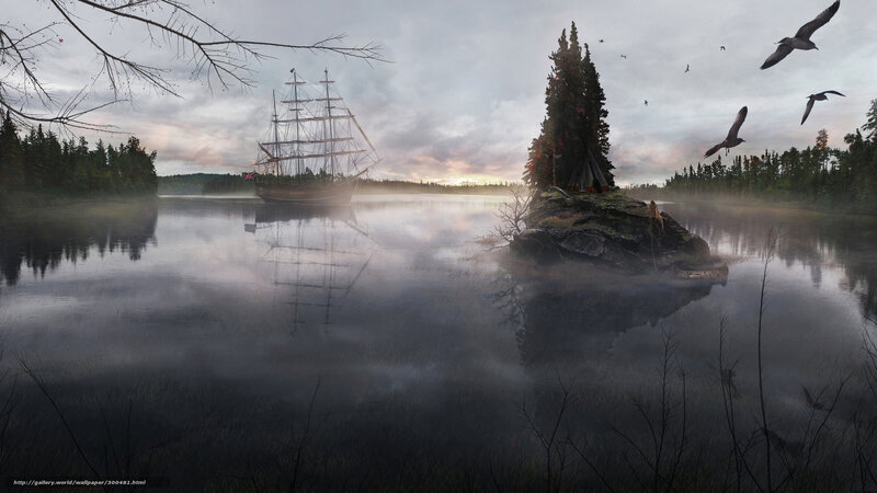 Misty lake with sailing ship