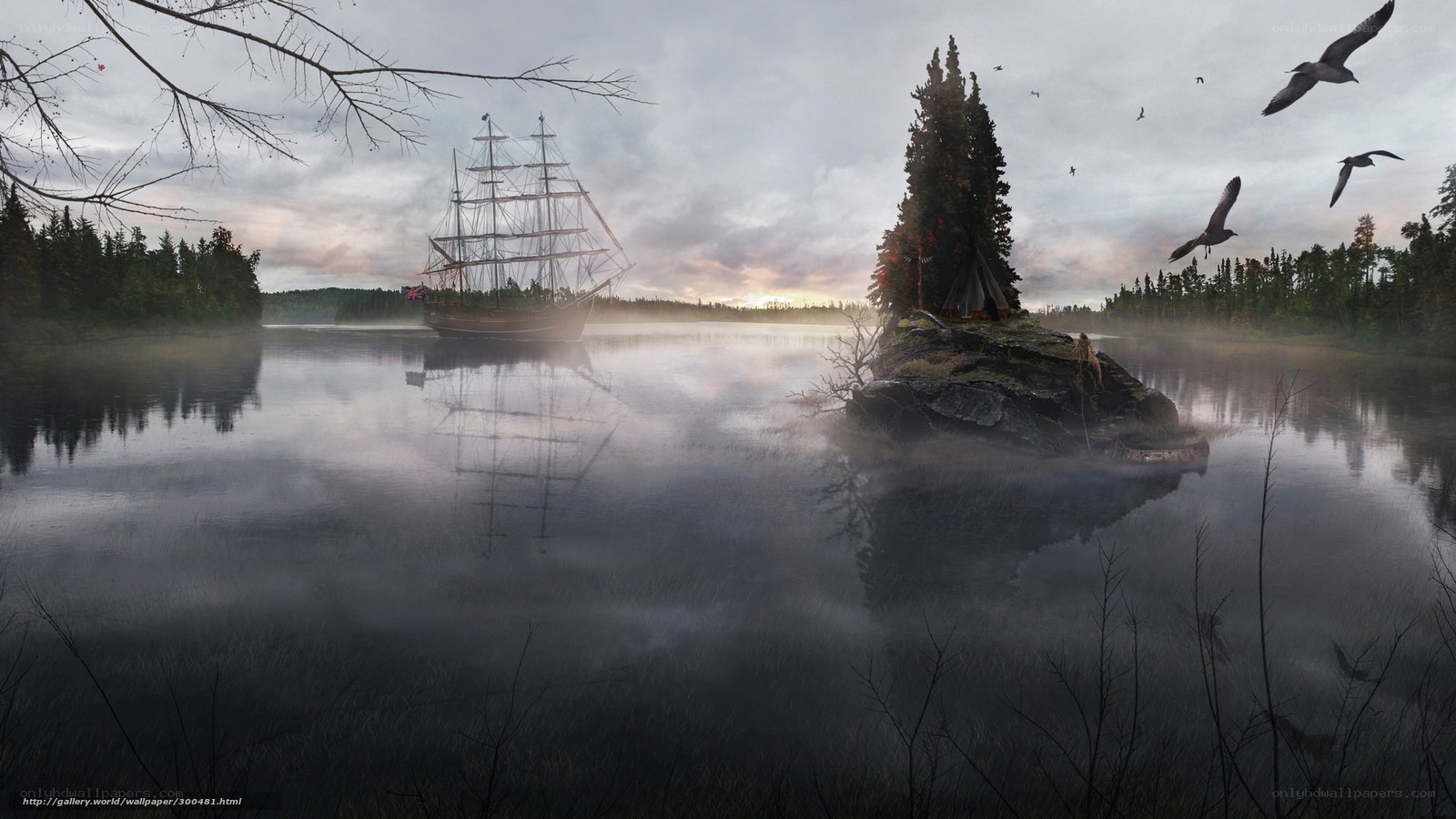 Misty lake with sailing ship