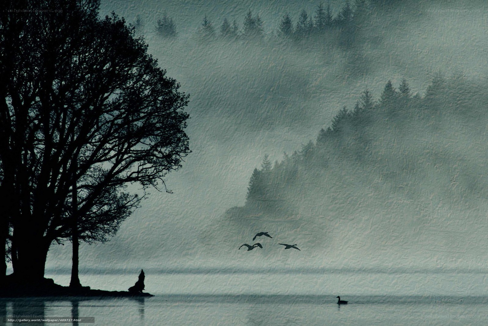 Misty lake with silhouettes
