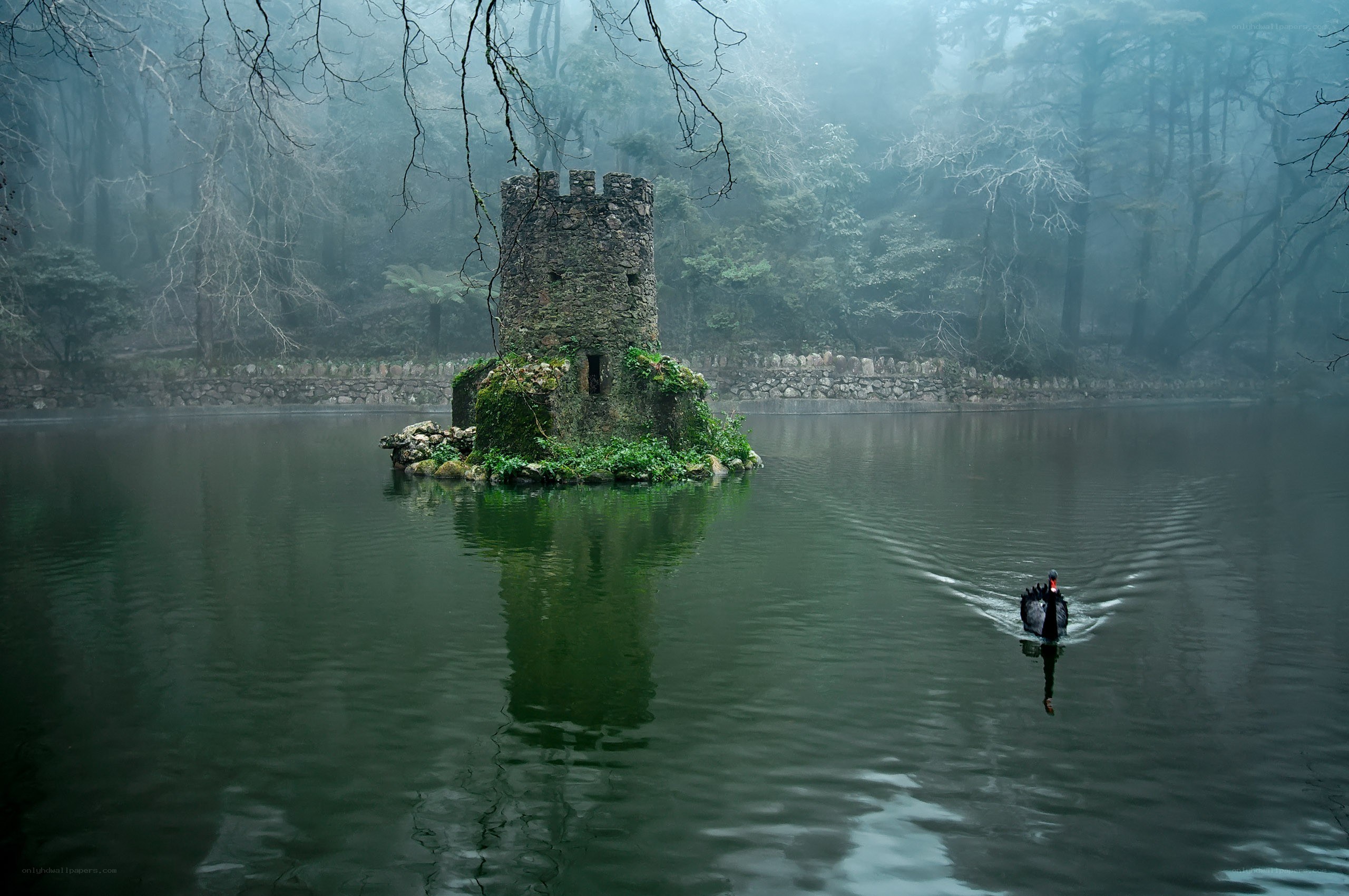 Misty lake with stone tower