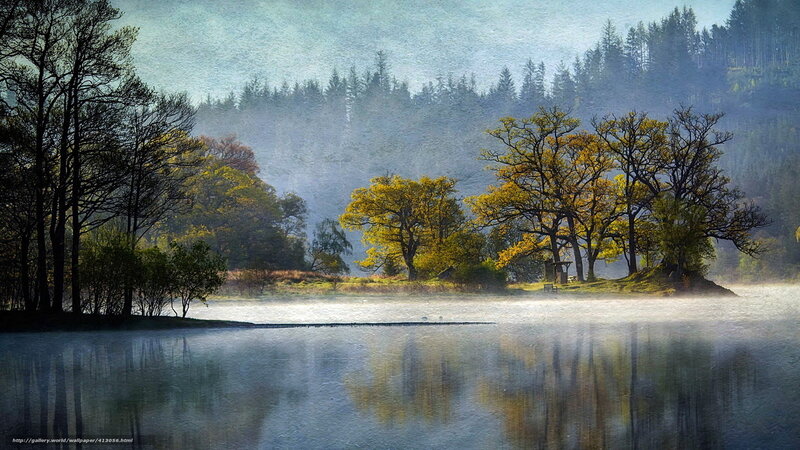 Misty Lake with Trees — Blue, Serene, Morning