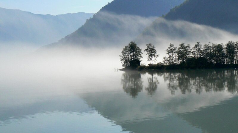 Misty Lake with Trees — Blue