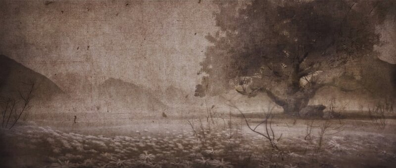misty landscape with tree