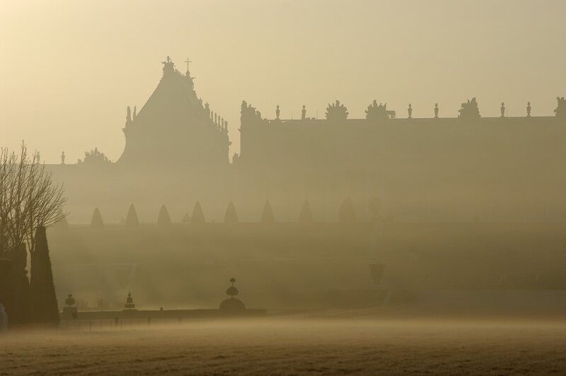 Misty morning at a grand palace