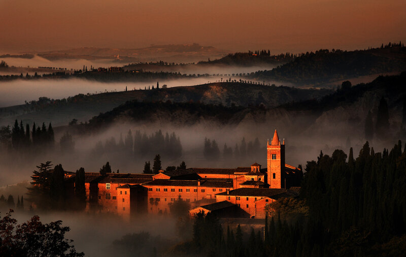 Misty morning at a Tuscan abbey