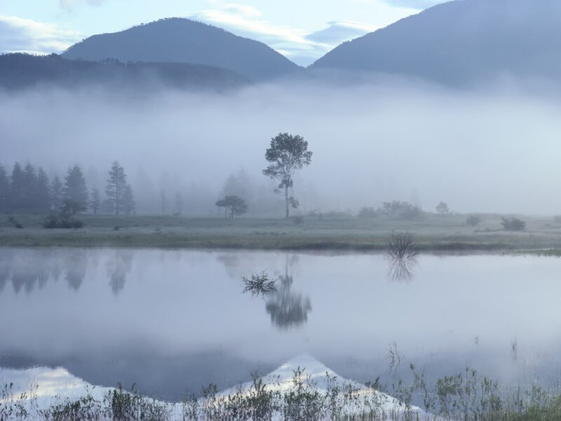 Misty morning over a calm lake
