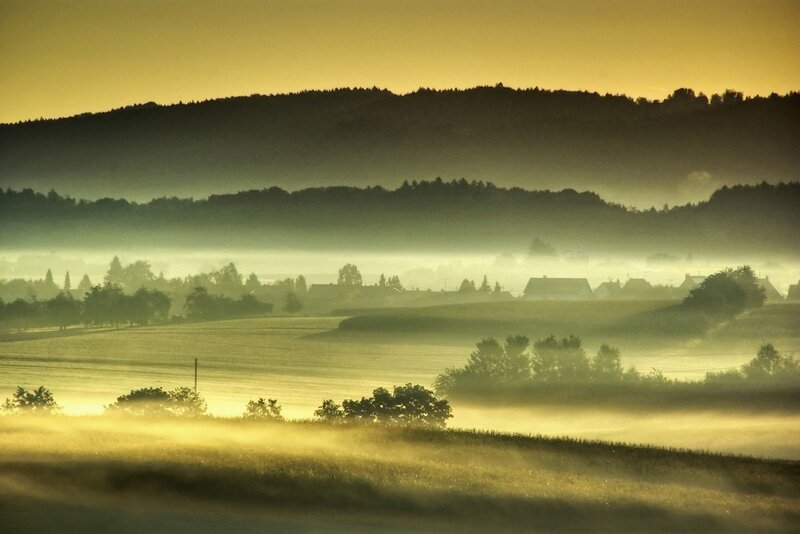 Misty morning over rolling hills