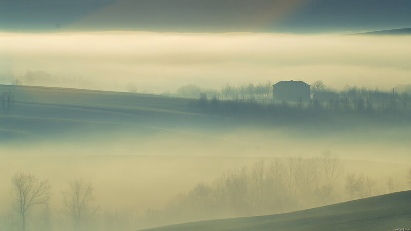 Misty morning over rolling hills