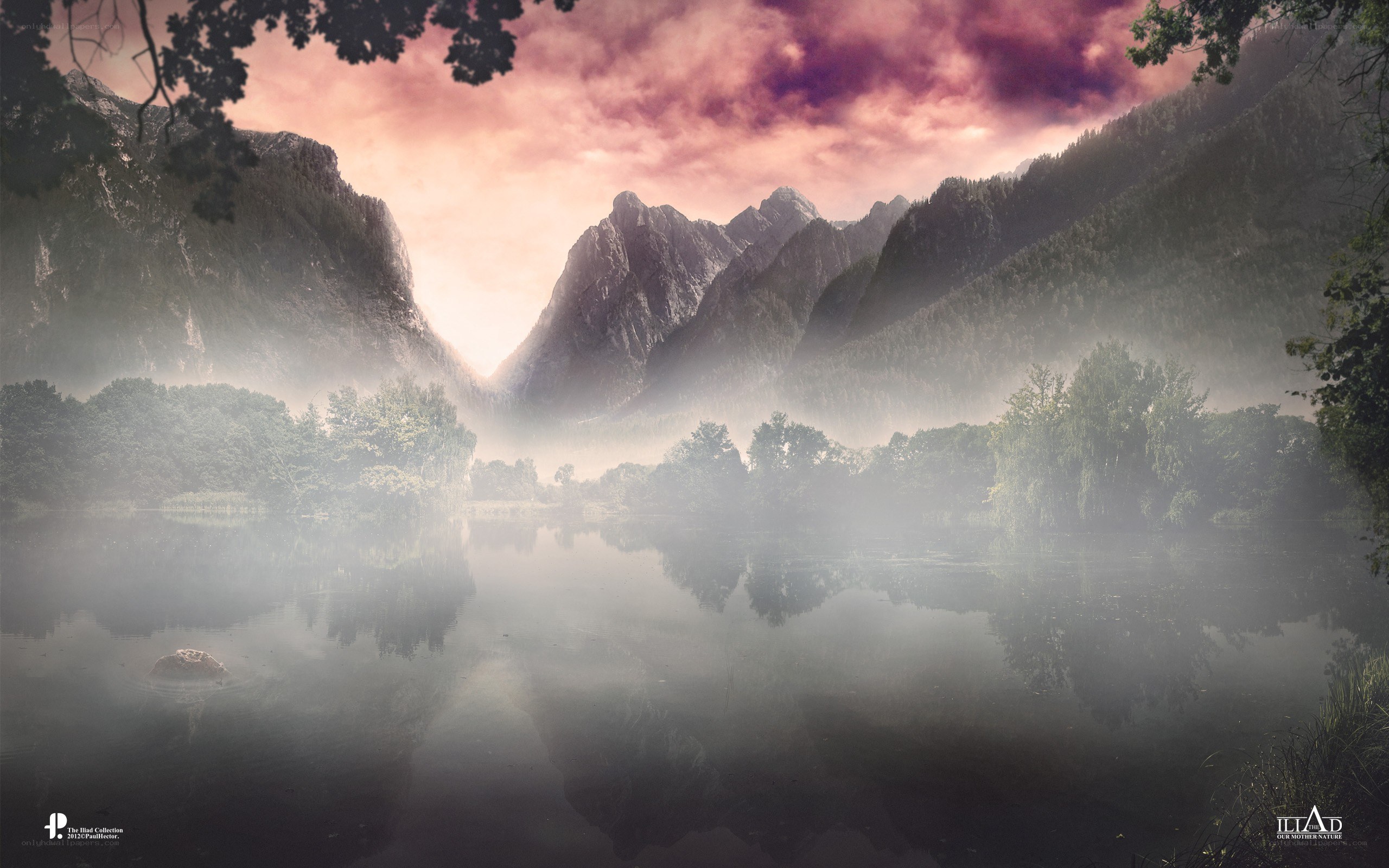 Misty mountain lake at dawn