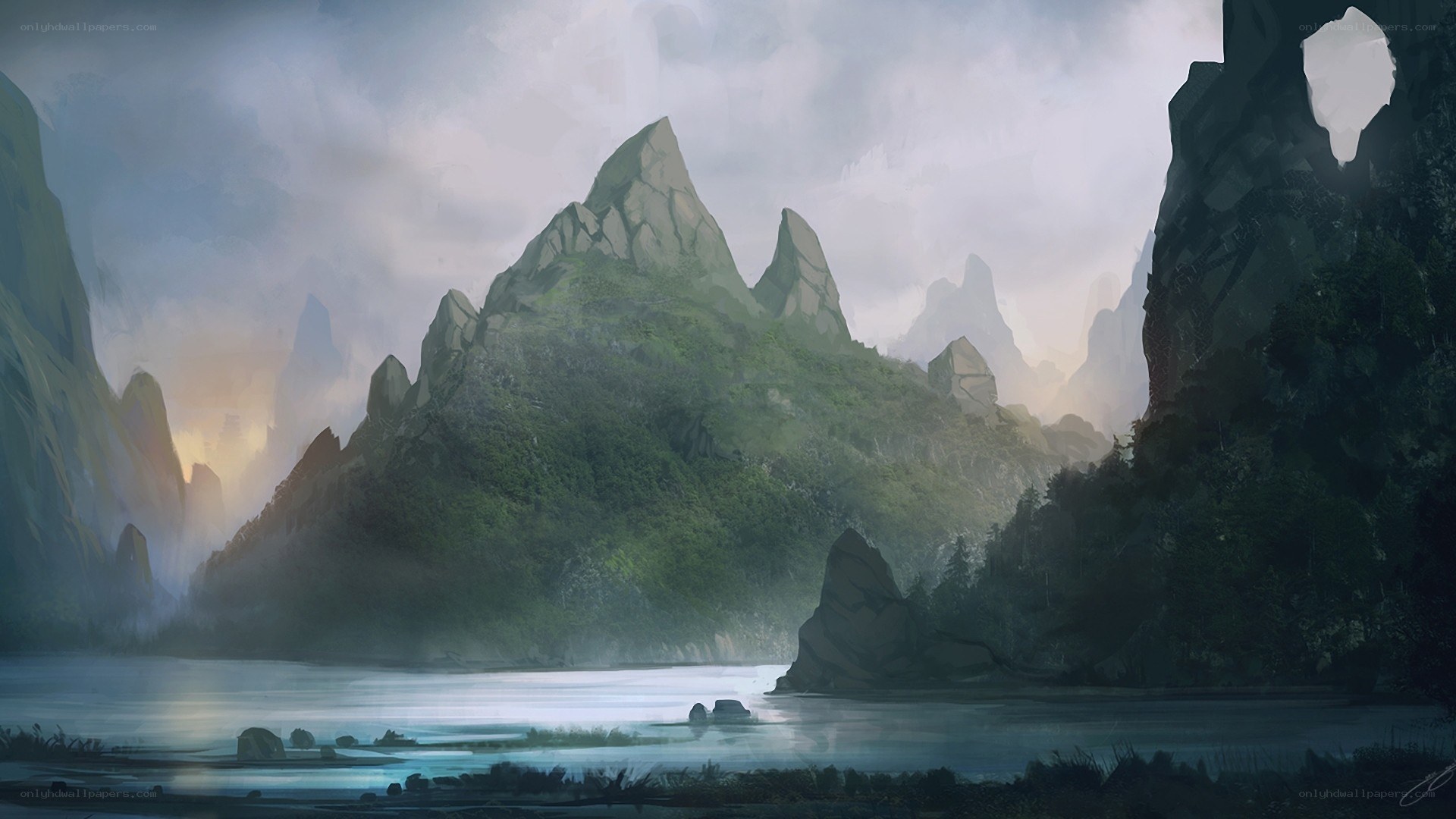 Misty mountain lake landscape