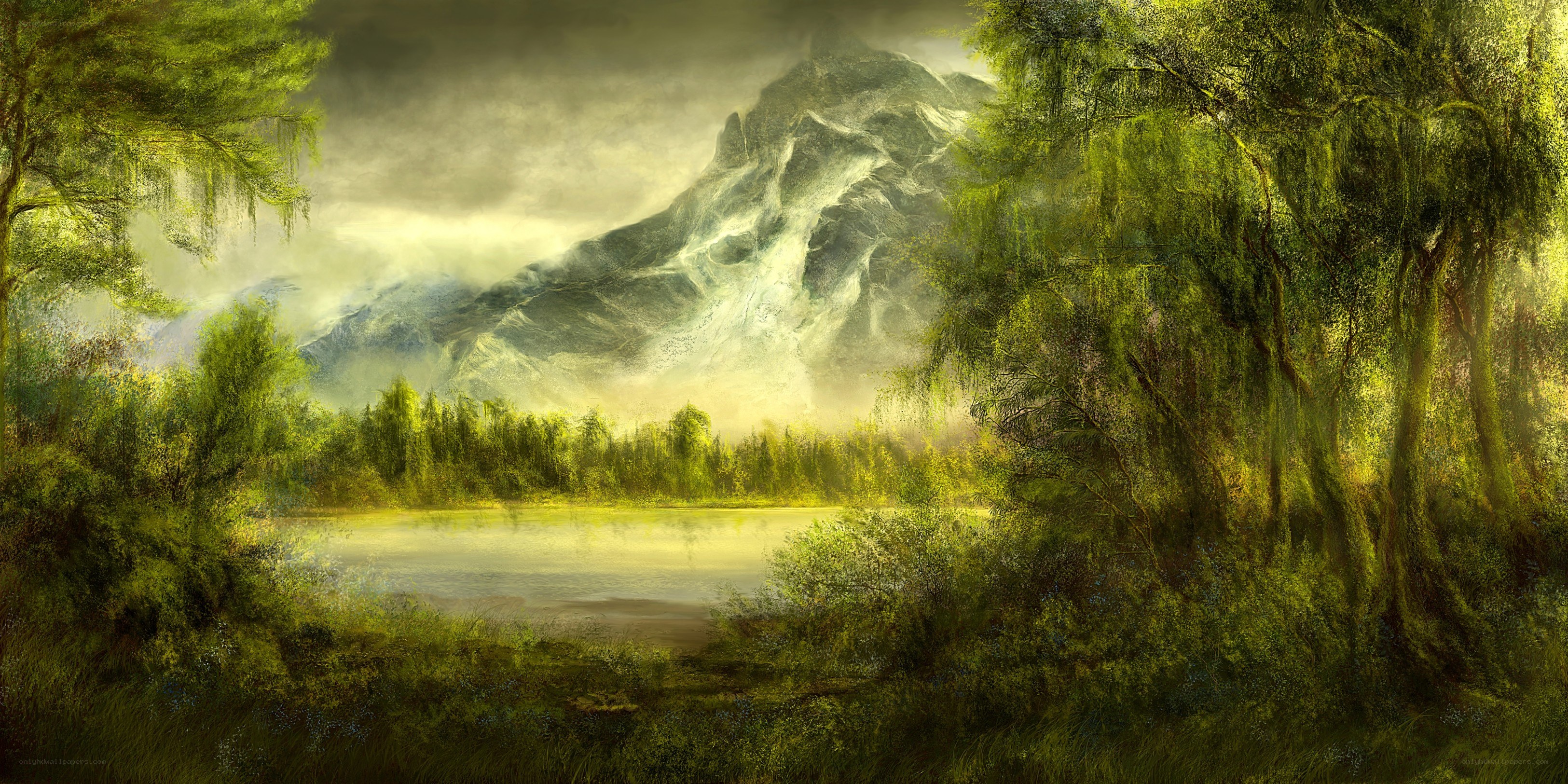Misty mountain lake landscape