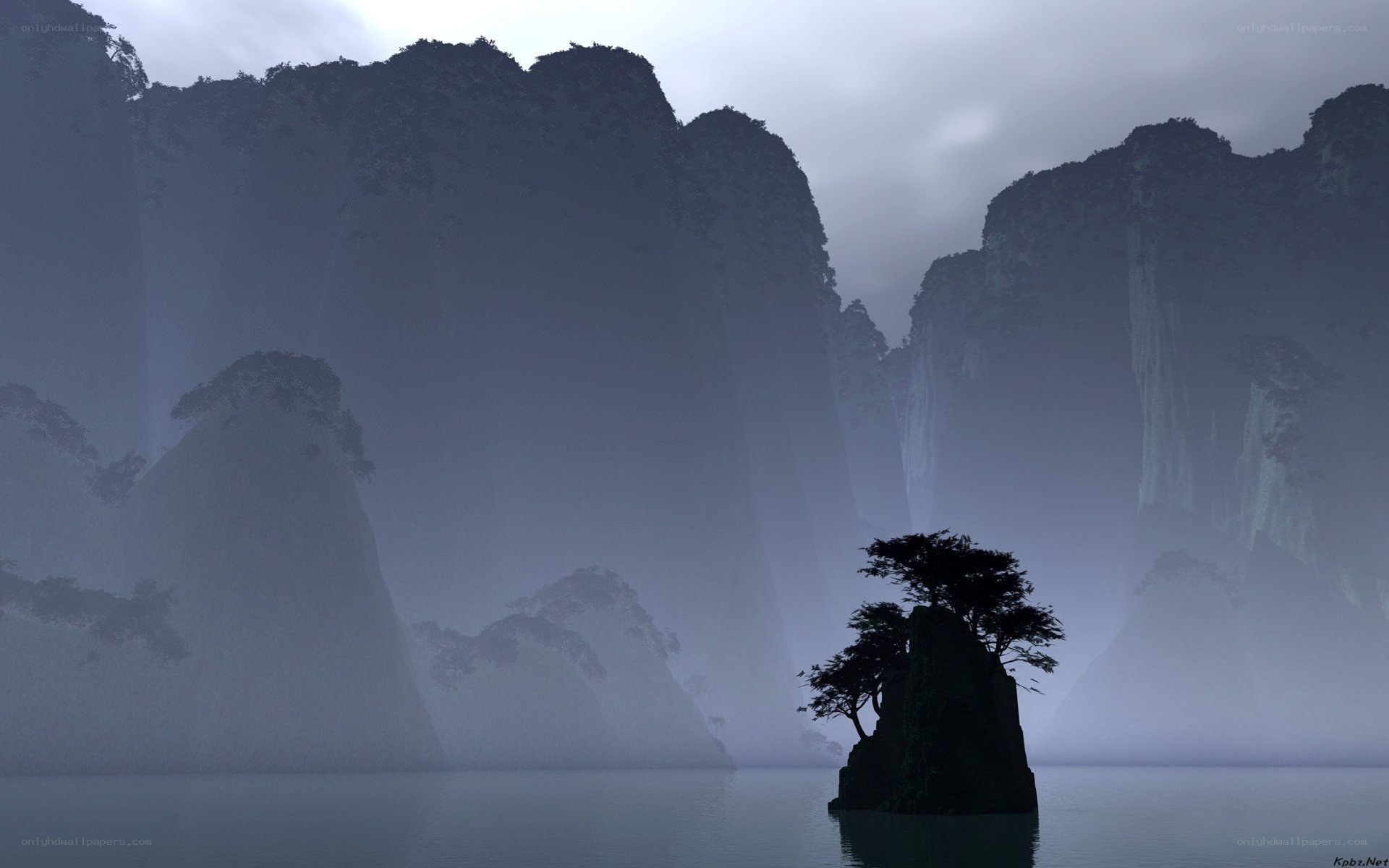 Misty mountain lake landscape