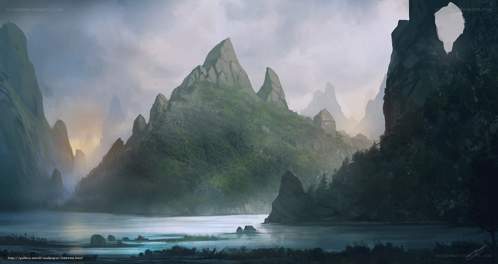 Misty mountain lake landscape