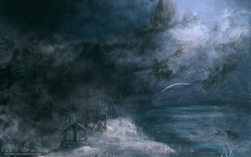 Misty mountain lake scene