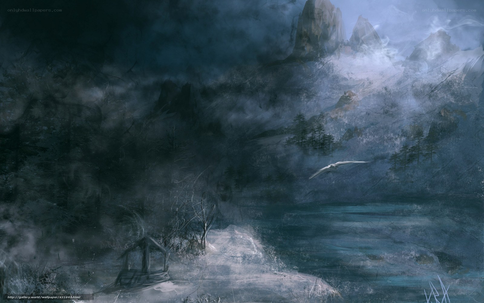 Misty mountain lake scene