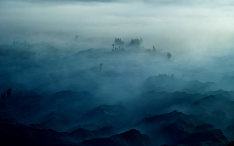Misty Mountain Landscape — Blue, Mysterious