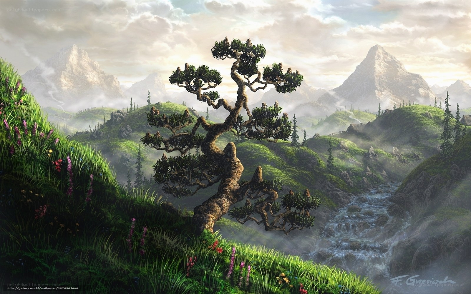Misty mountain landscape with bonsai tree