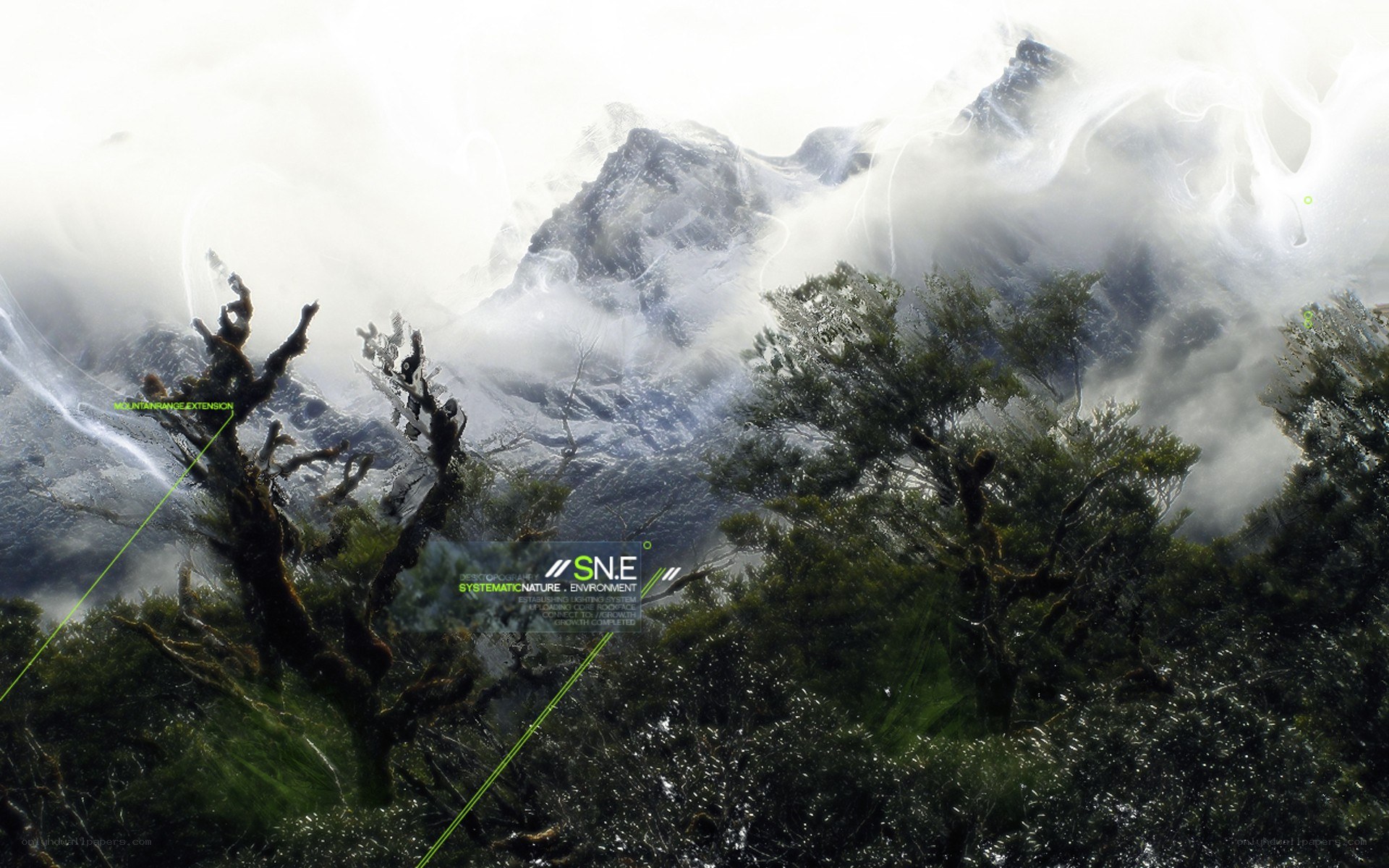 Misty mountain landscape with text overlay