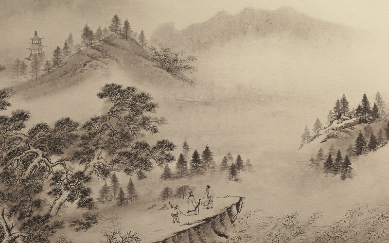 Misty mountain landscape with travelers