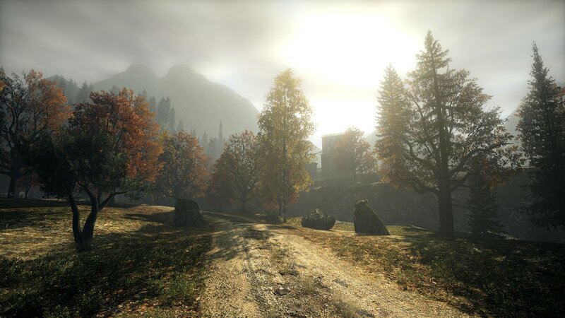 Misty mountain path at dawn