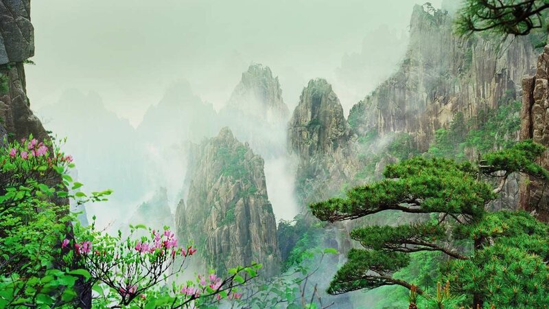 Misty Mountain Peaks — Green, Serene, Spring