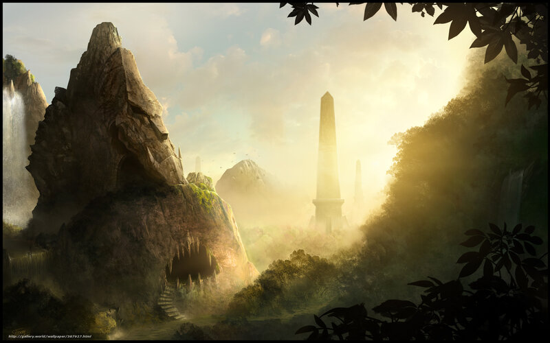 Misty mountain temple landscape