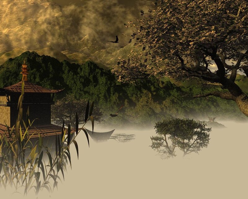 Misty mountain temple scene