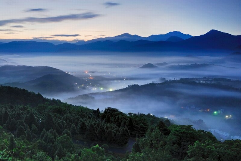 Misty mountain valley at dawn