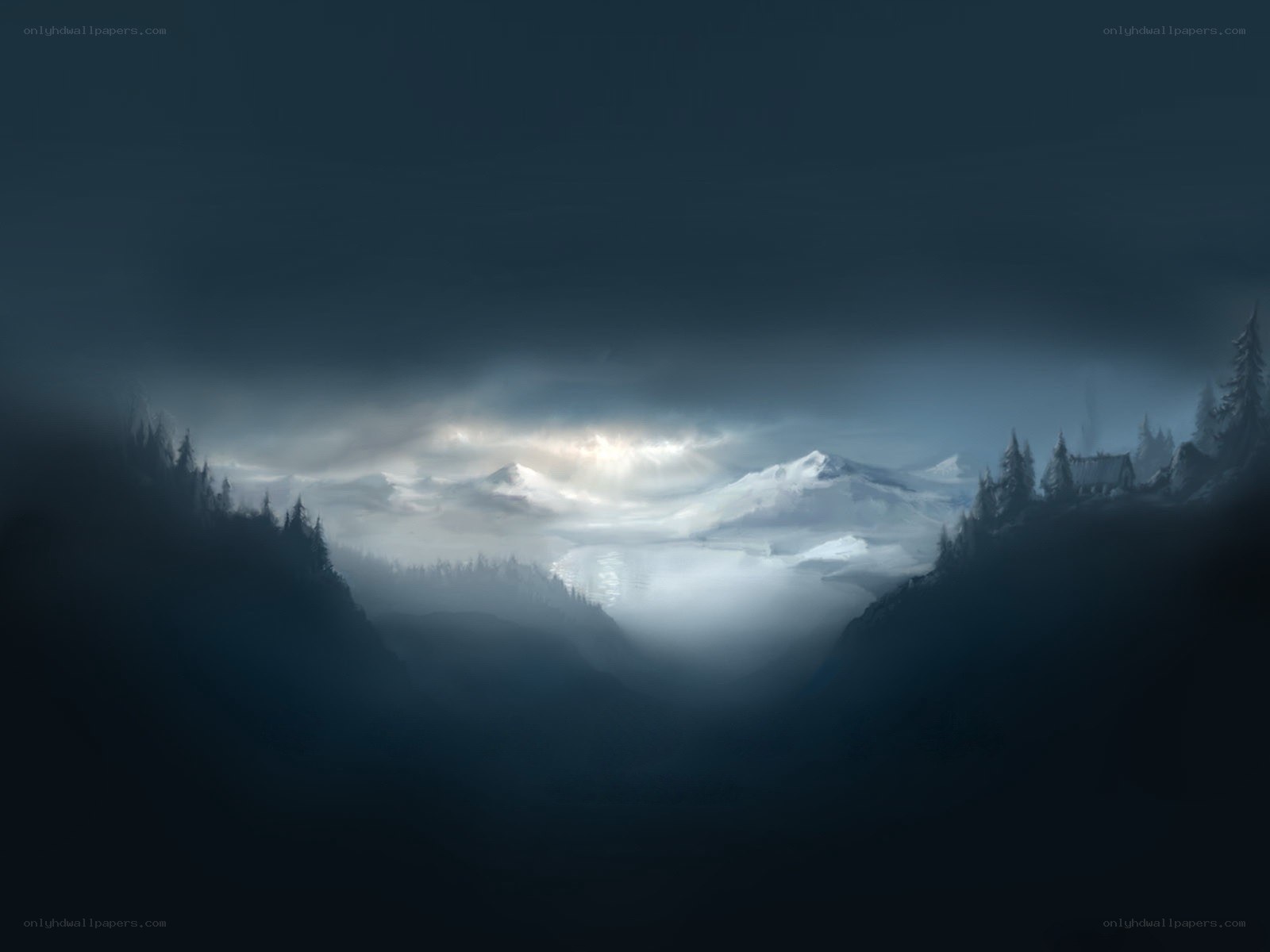 Misty mountain valley at dawn