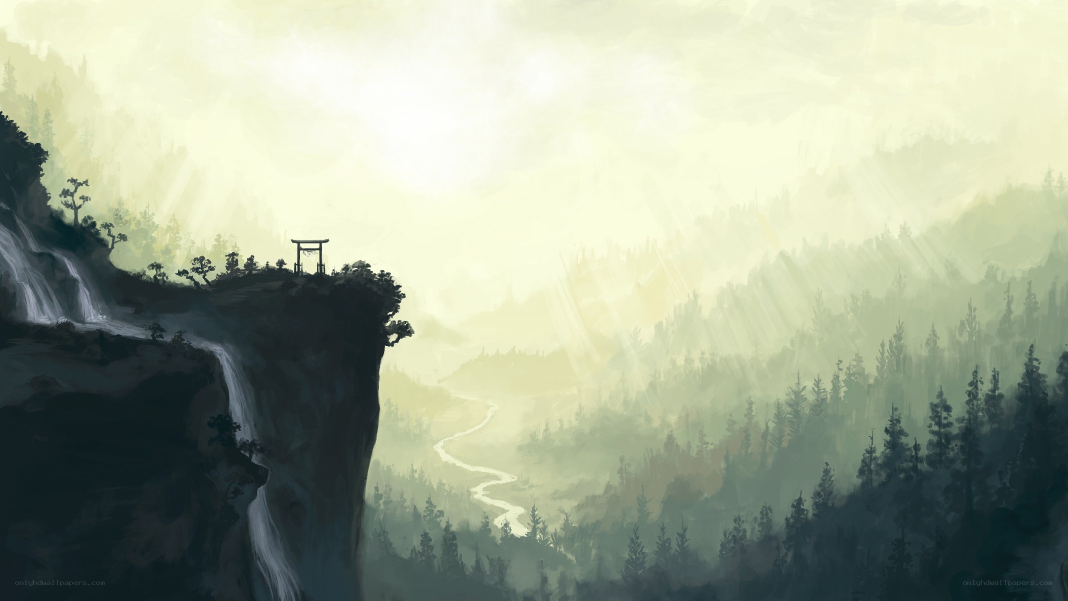 Misty mountain valley with torii gate