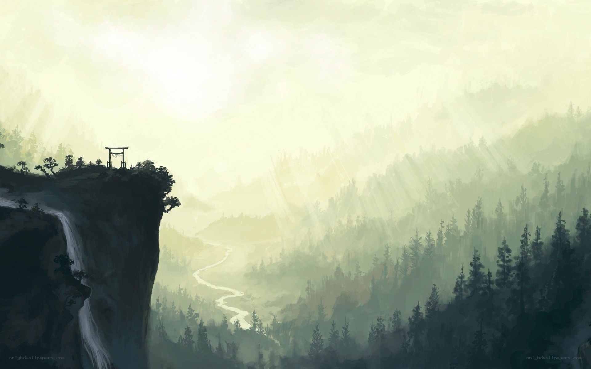 Misty mountain valley with torii gate