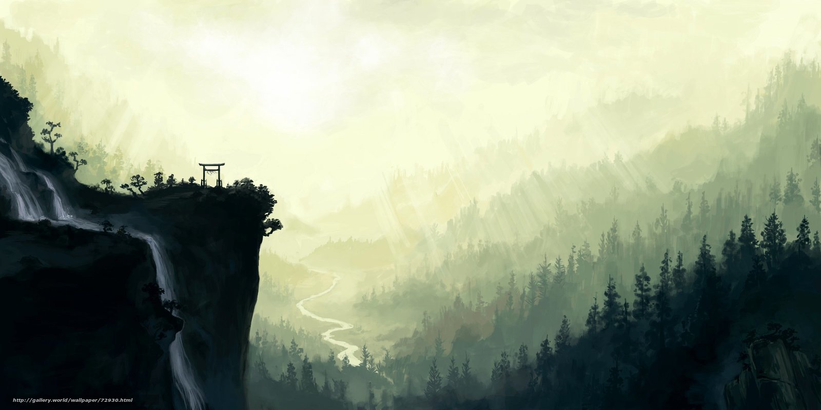 Misty mountain valley with waterfall