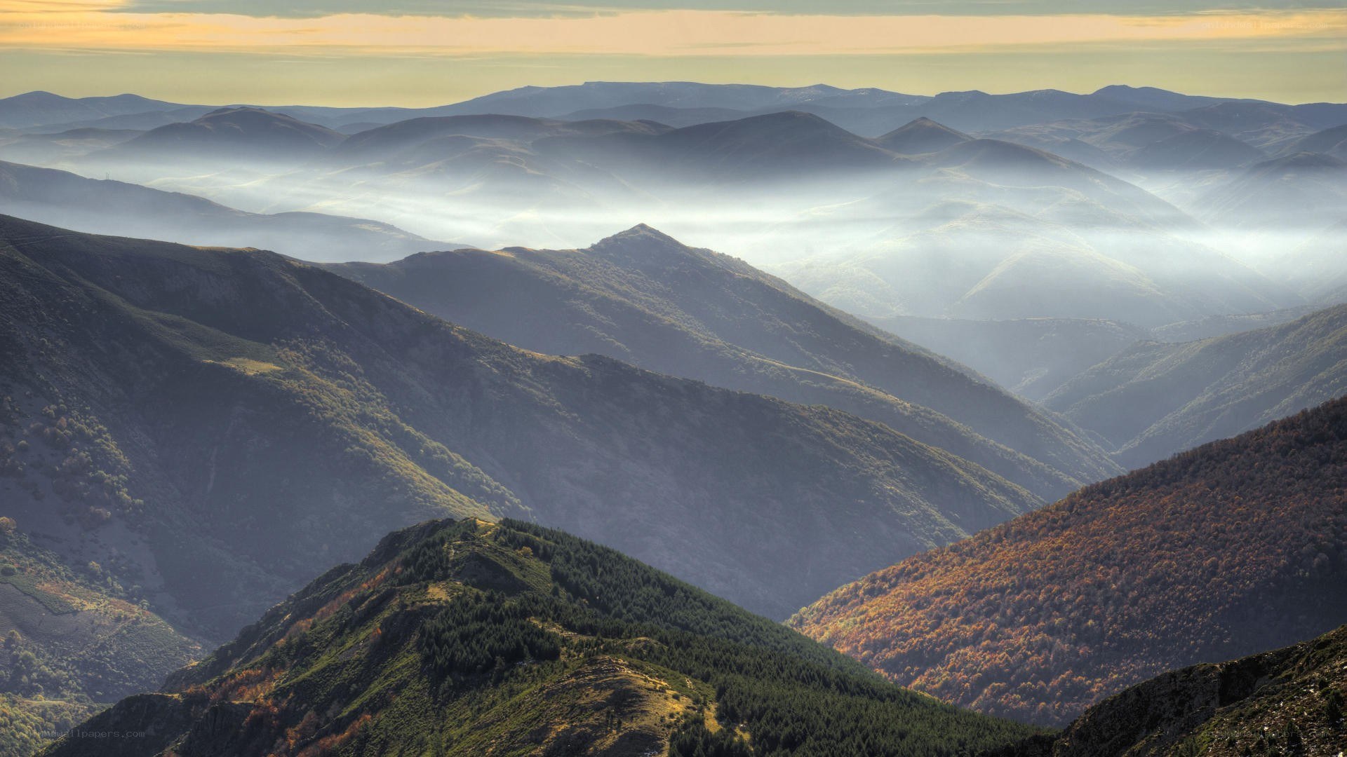 Misty mountain valleys at dawn