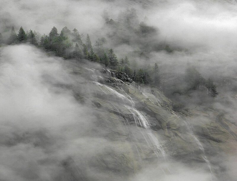 Misty mountain waterfall