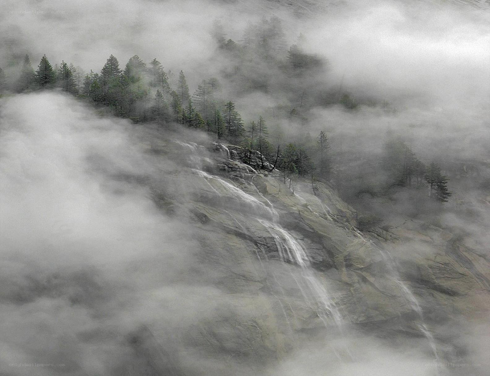 Misty mountain waterfall