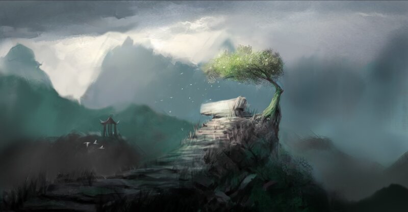 Misty mountain with lone tree