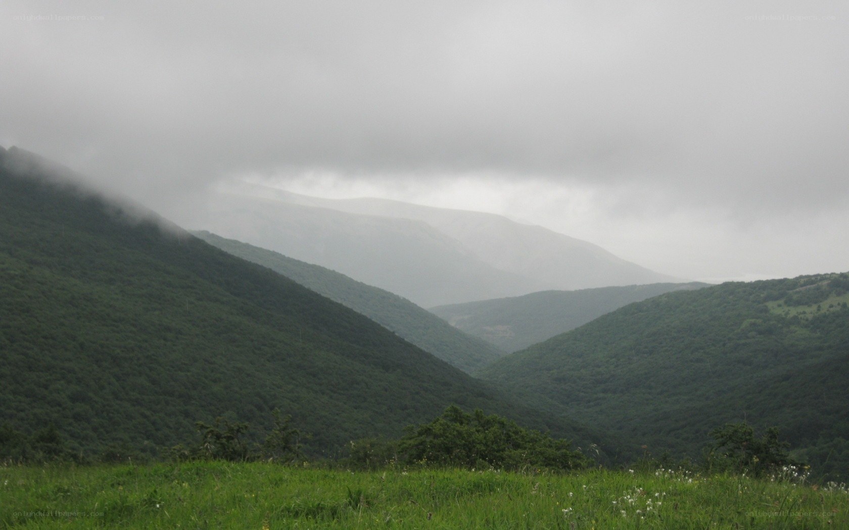 Misty mountains and green valleys