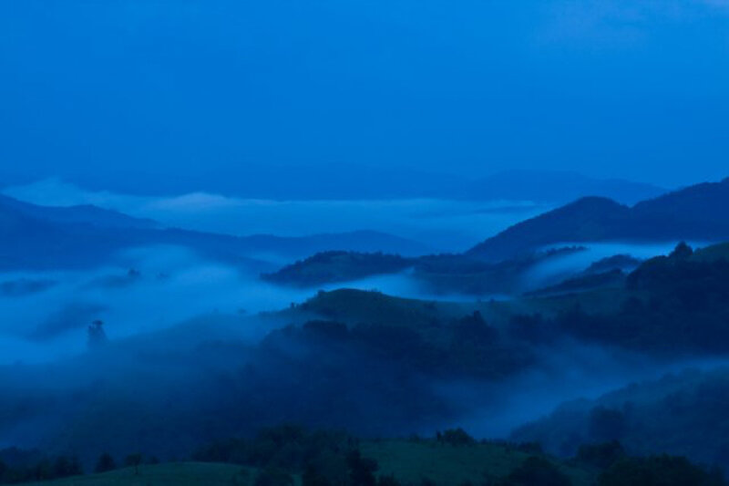 Misty Mountains at Dawn — Blue, Serene