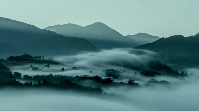 Misty Mountains at Dawn — Blue