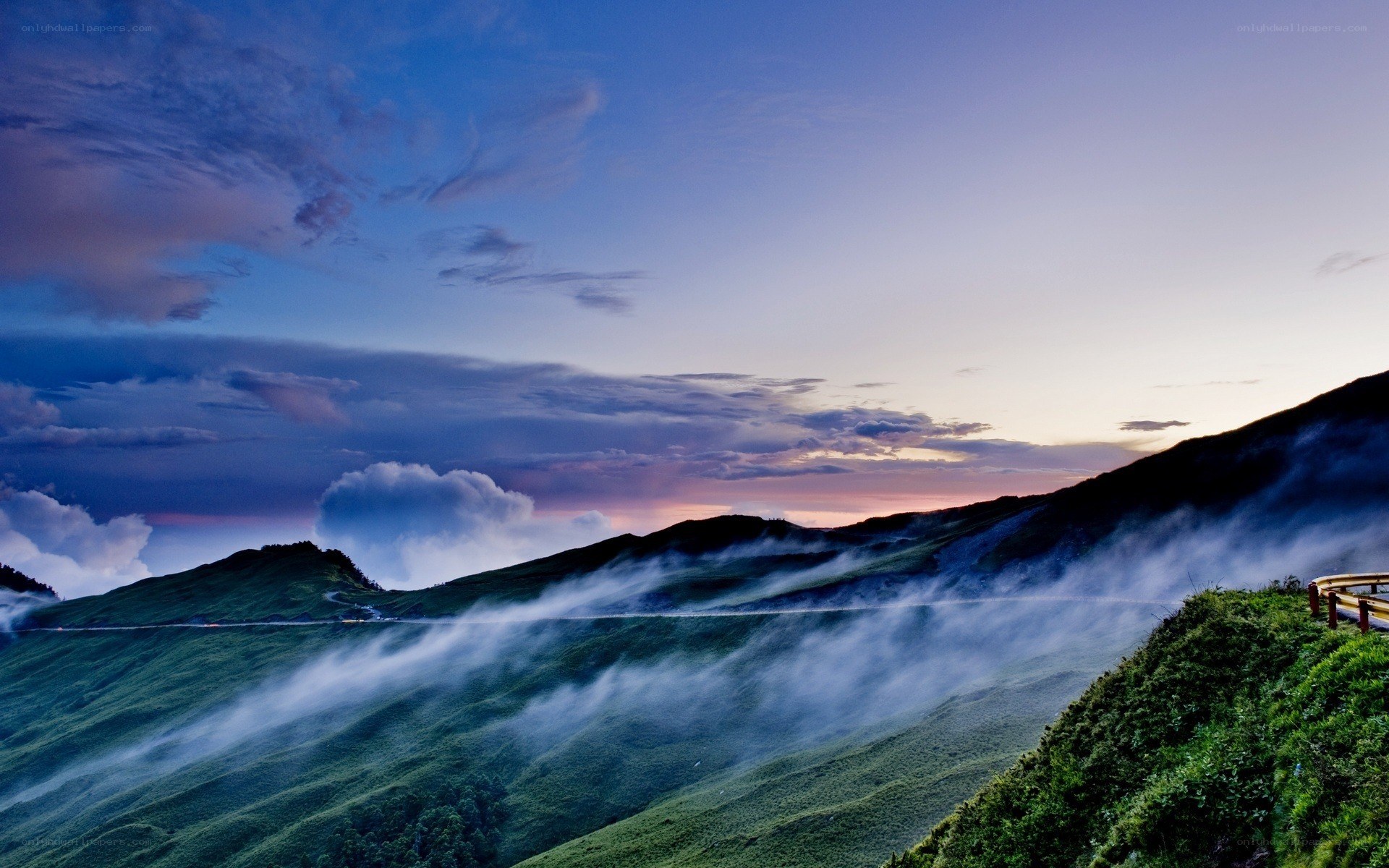 Misty mountains at dusk