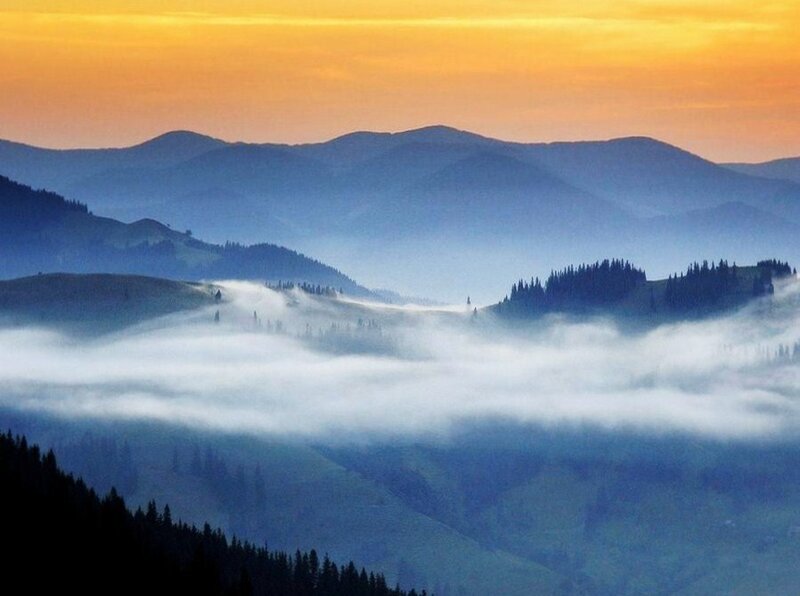 Misty mountains at sunrise