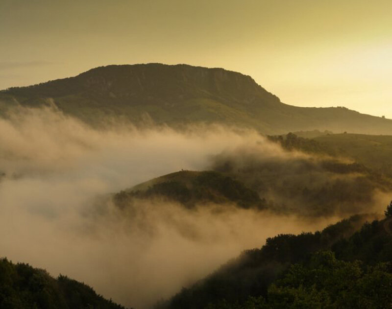 Misty mountains at sunrise