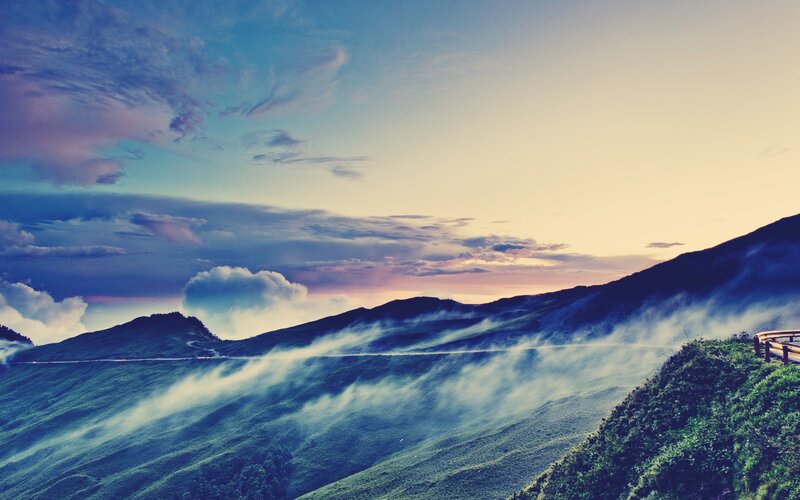 Misty mountains at sunset
