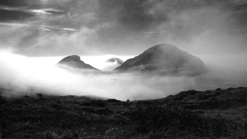 Misty mountains in black and white