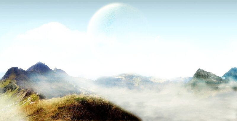 Misty mountains under a large moon