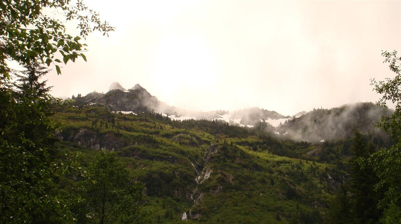 Misty mountains with snow