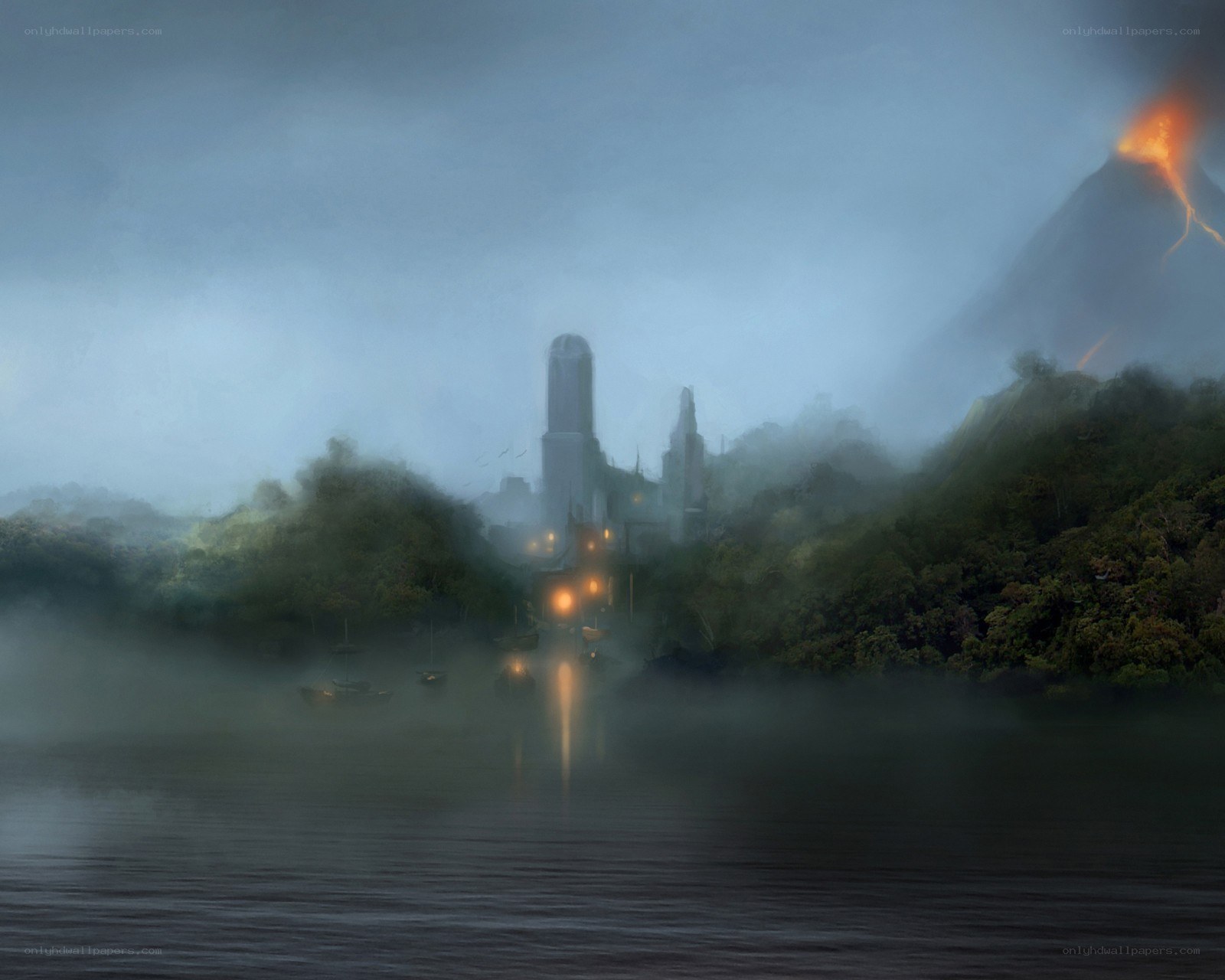Misty port by a volcano