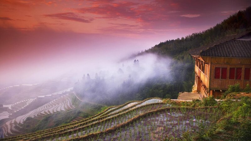 Misty rice terraces at sunrise