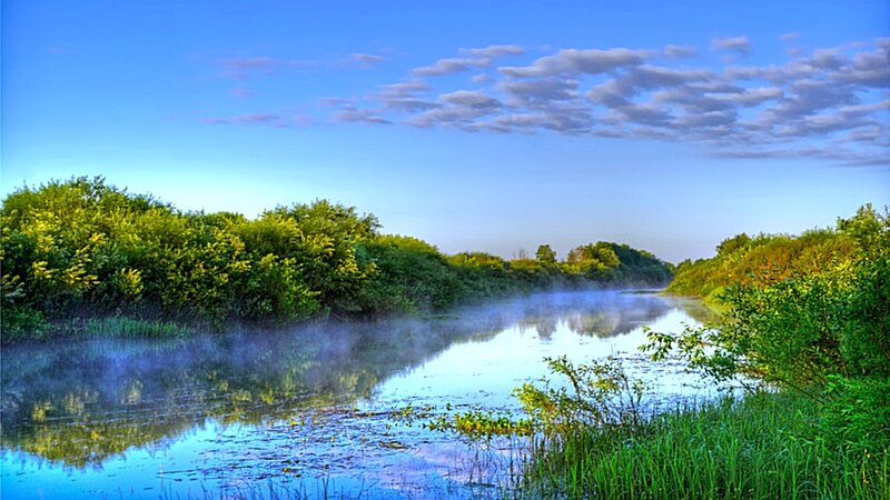 Misty River at Dawn — Blue, Serene, Morning, Photograph
